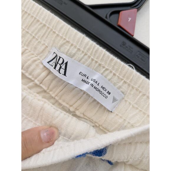 Zara Women's Pants Wide Leg Embroidered Flowers Cream Green/Blue Size Large - Picture 4 of 13